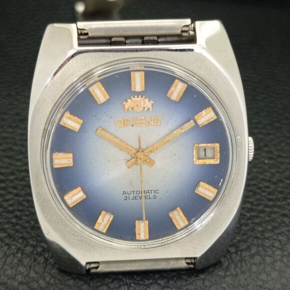 Vintage 1981 Orient Automatic Mens Silver Watch W/daydate & Blue accents - Picture 4 of 10